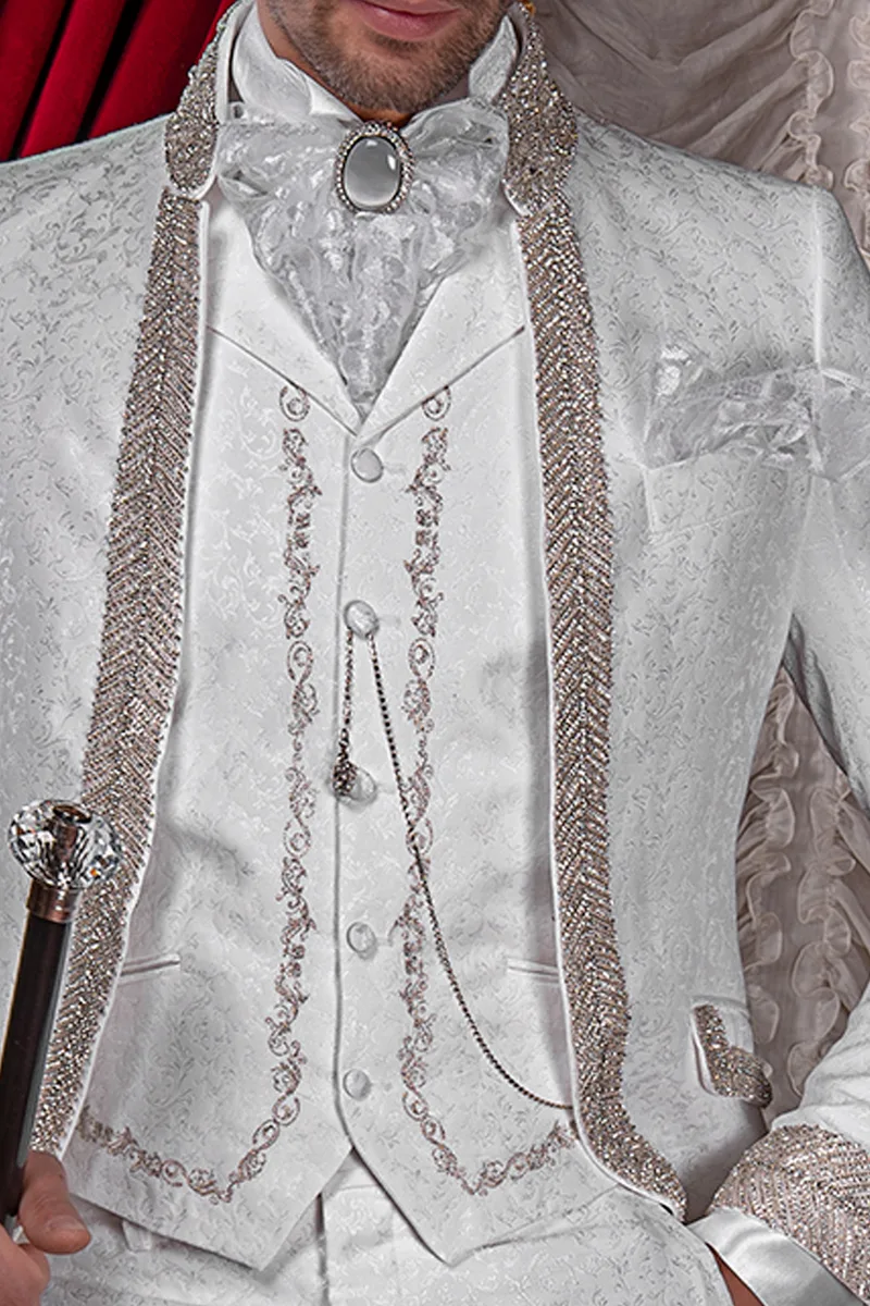 Abito uomo matrimonio di lusso damascato bianco e strass di cristallo 2
