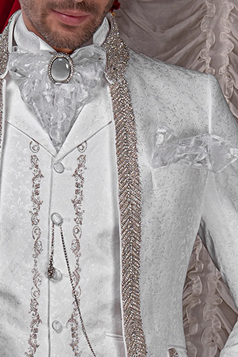 Abito uomo matrimonio di lusso damascato bianco e strass di cristallo 3