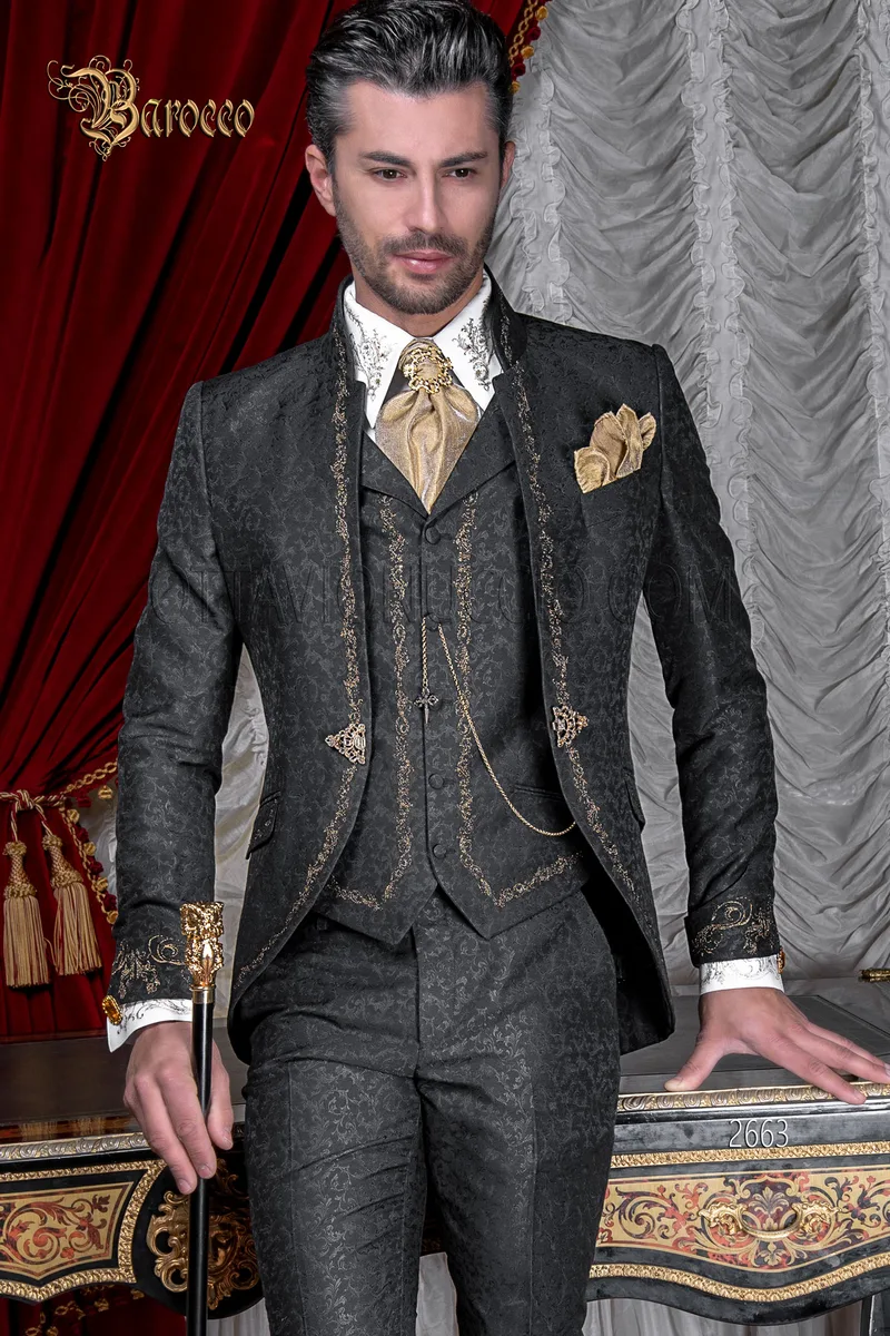 Vestito sposo coreano ricamato oro su tessuto damascato nero 1