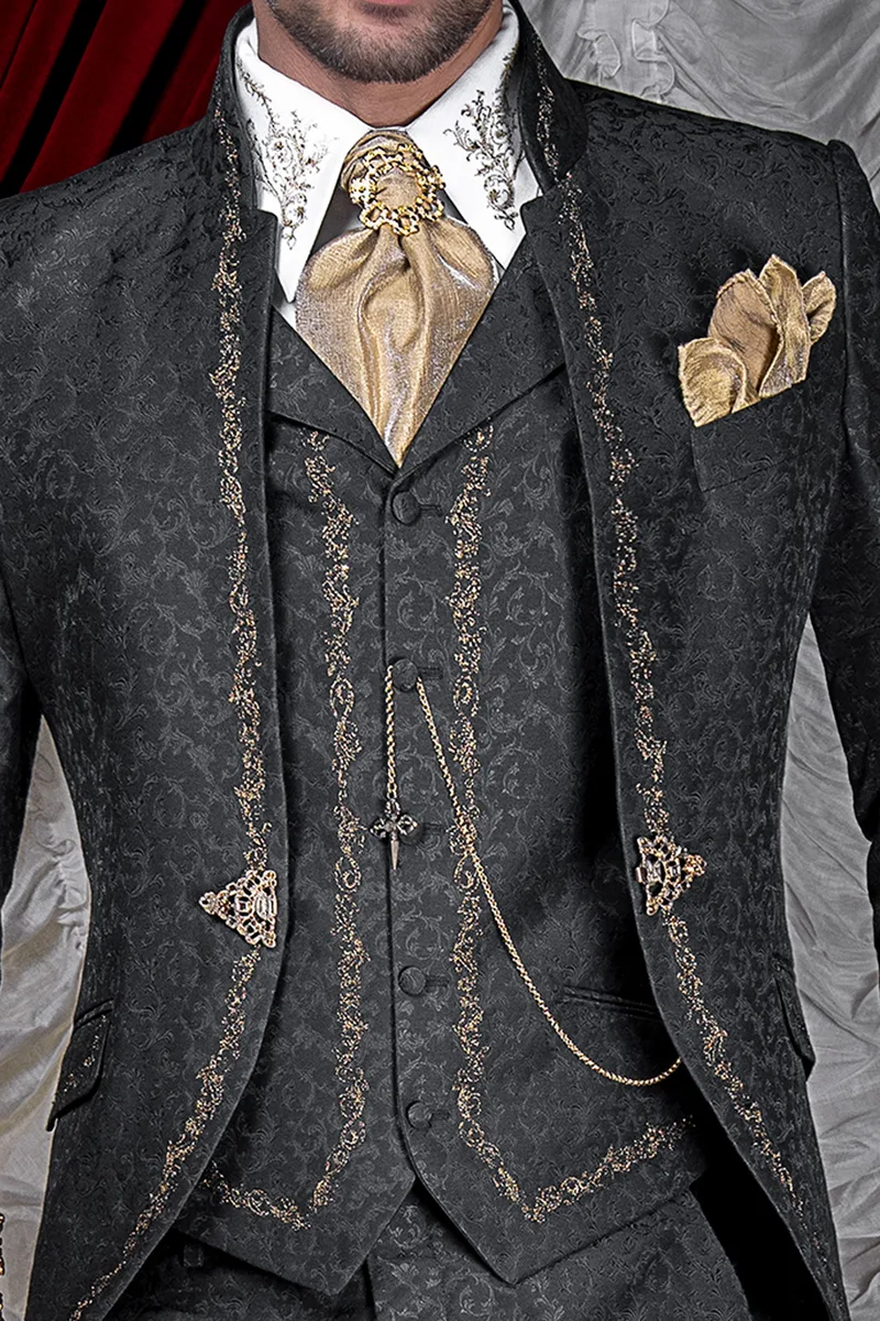 Vestito sposo coreano ricamato oro su tessuto damascato nero 2
