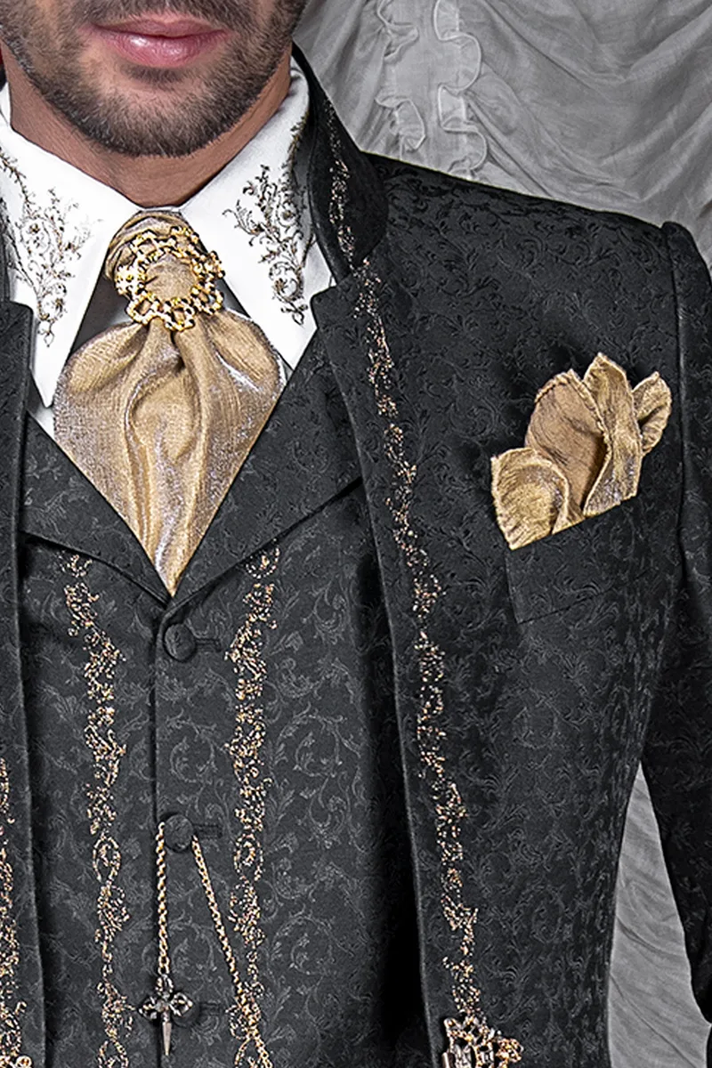 Vestito sposo coreano ricamato oro su tessuto damascato nero 3