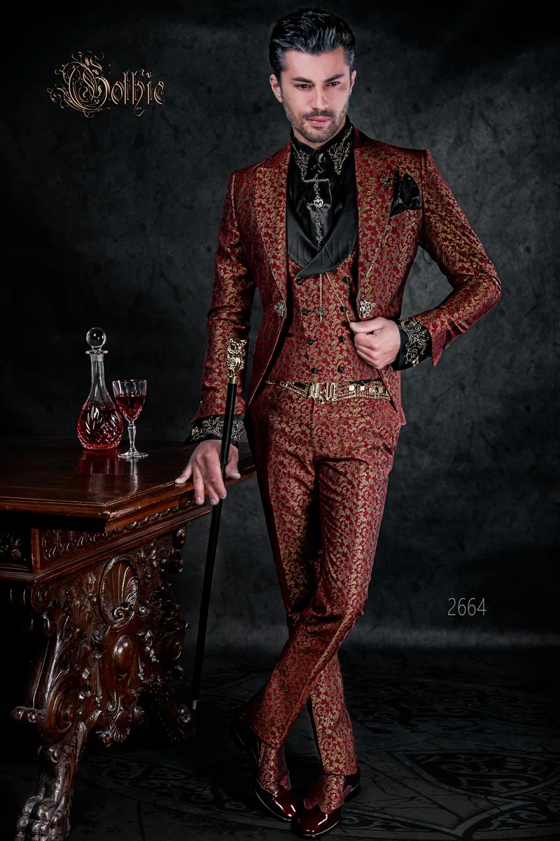 Abito uomo di lusso broccato rosso oro ispirazione gotica 1