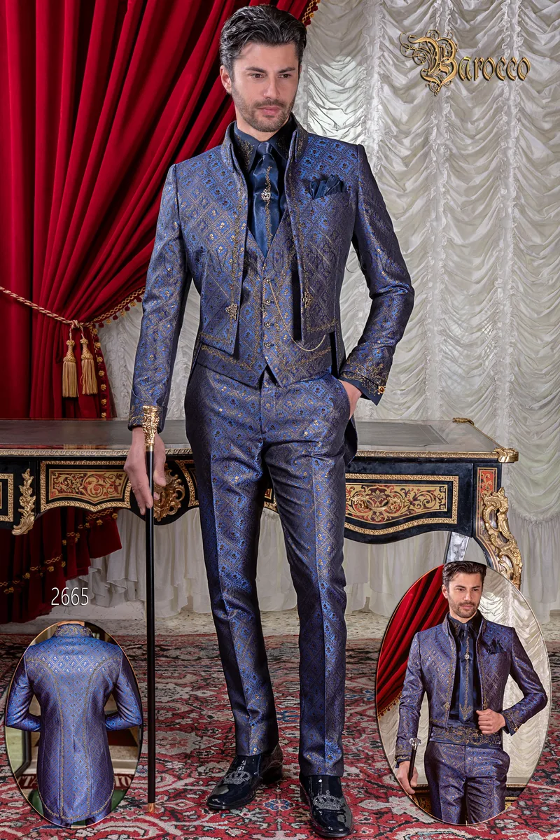 Vestito sposo Frac uomo barocco broccato blu oro ricamato oro 1