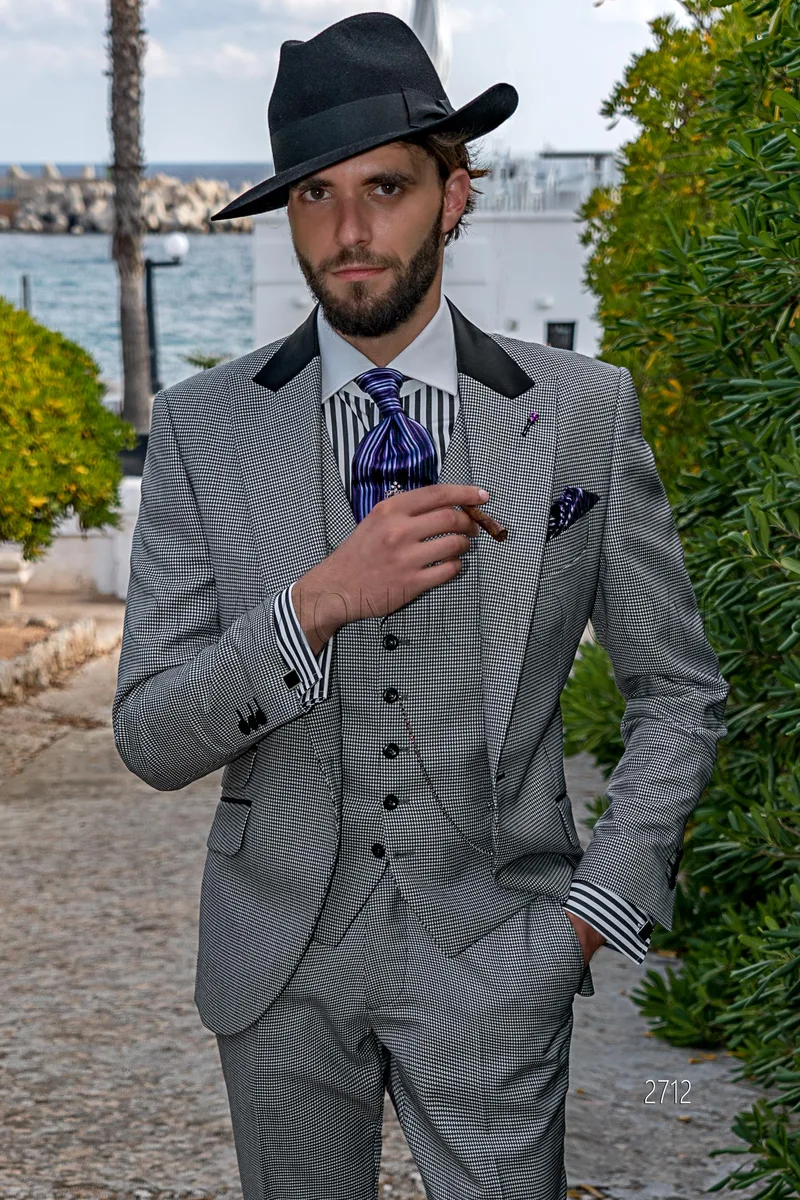 Abito uomo vintage completo di gilet in pied-de-poule bianco-nero – pa