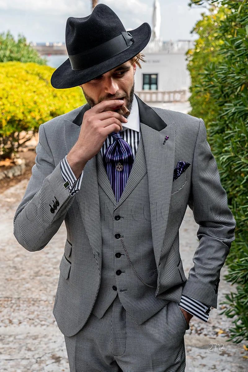Abito uomo vintage completo di gilet in pied-de-poule bianco-nero – pa