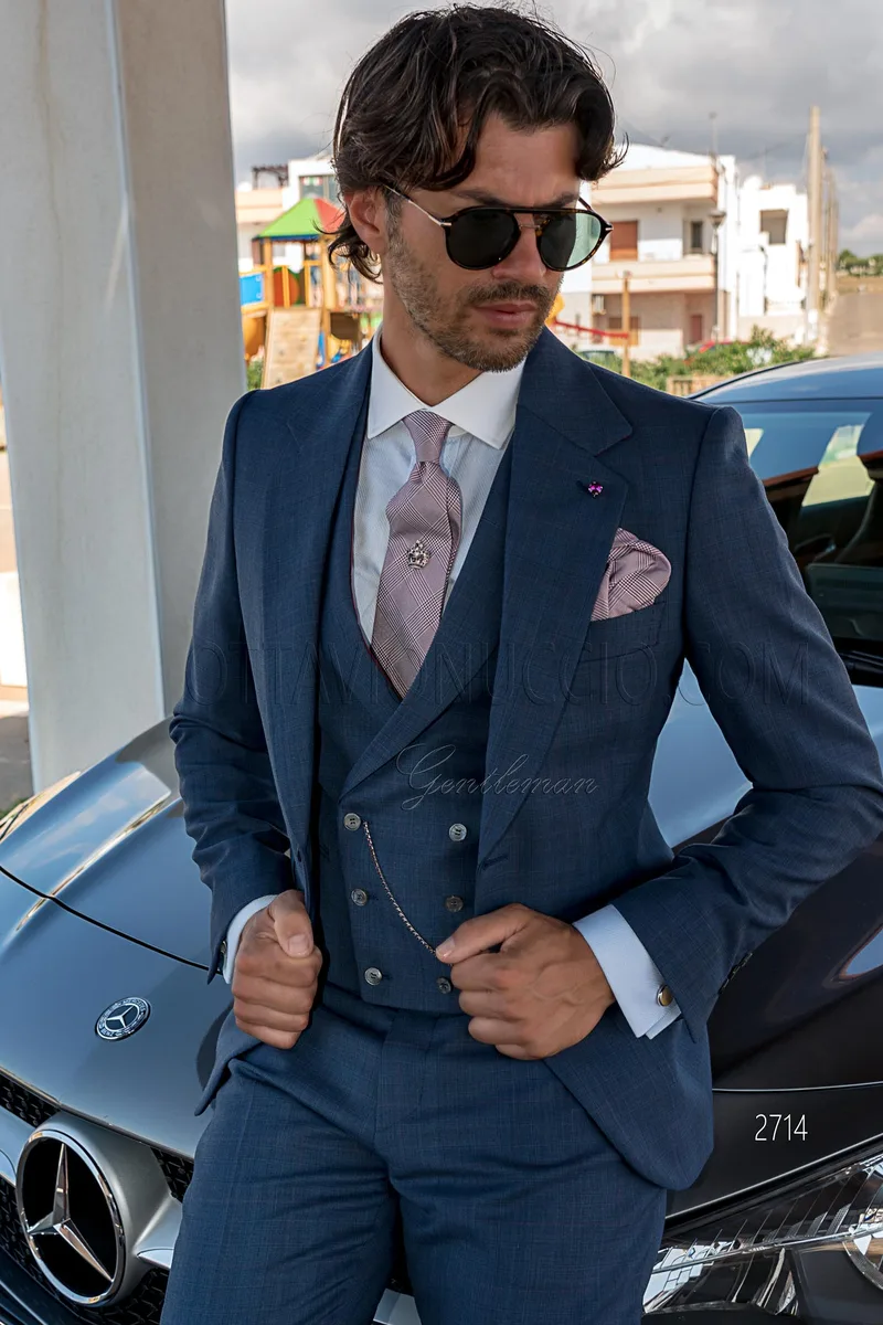 Vestito classico cerimonia uomo, gilet doppiopetto in Principe di Galles blu – pa