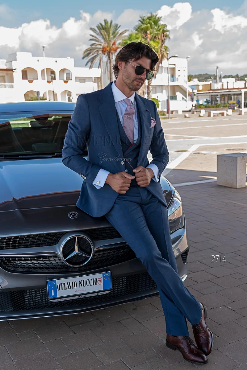 Vestito classico cerimonia uomo, gilet doppiopetto in Principe di Galles blu – fi