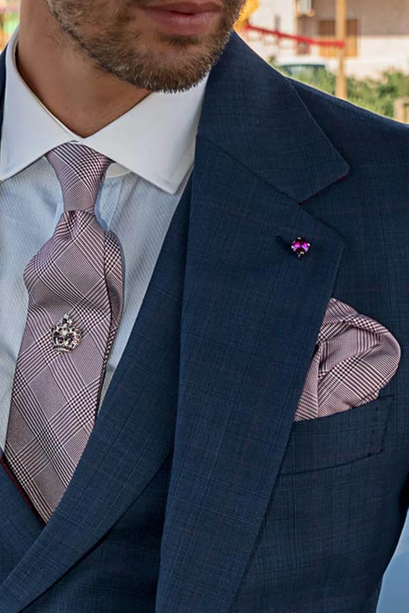 Vestito classico cerimonia uomo, gilet doppiopetto in Principe di Galles blu 3