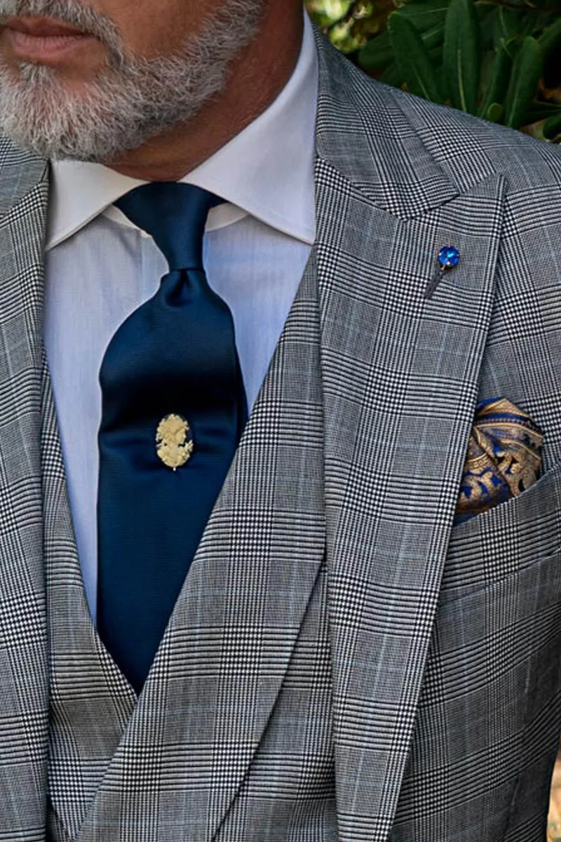 Abito 3 pezzi cerimonia uomo in Principe di Galles grigio check celeste 3