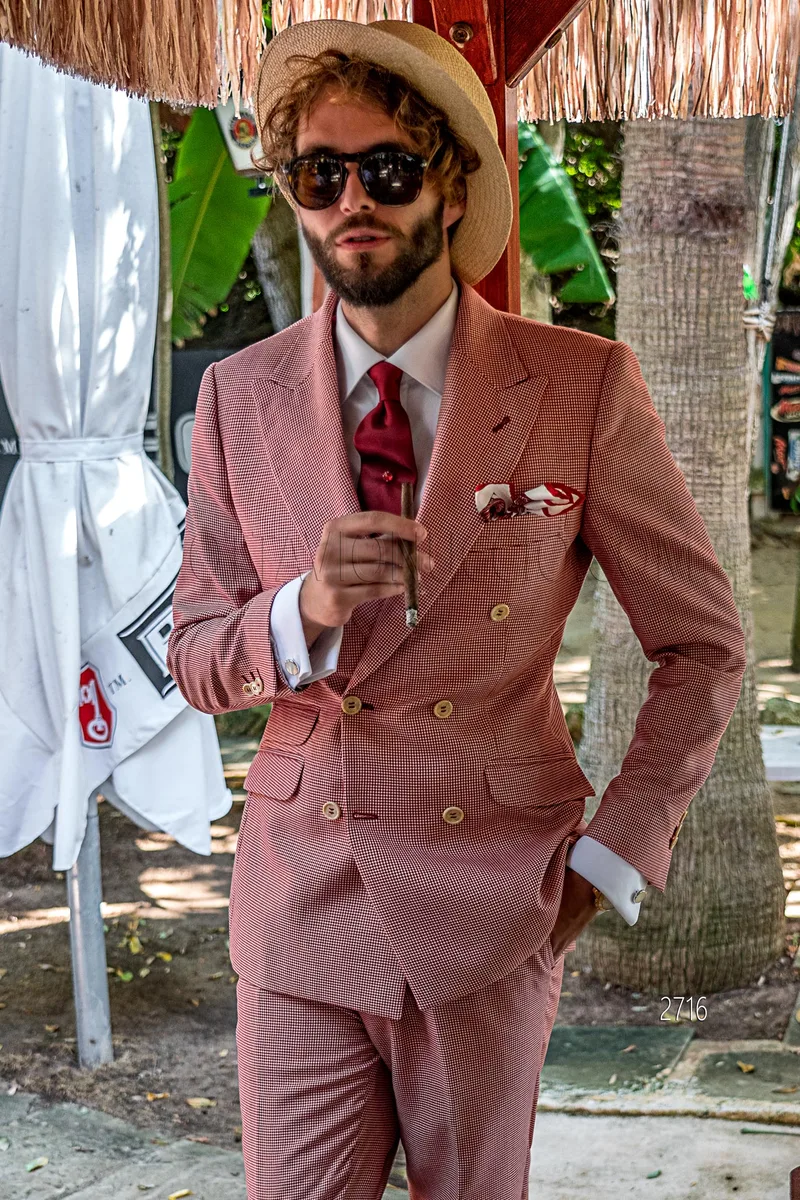 Abito uomo doppiopetto vintage chic in pied-de-poule rosso – pa