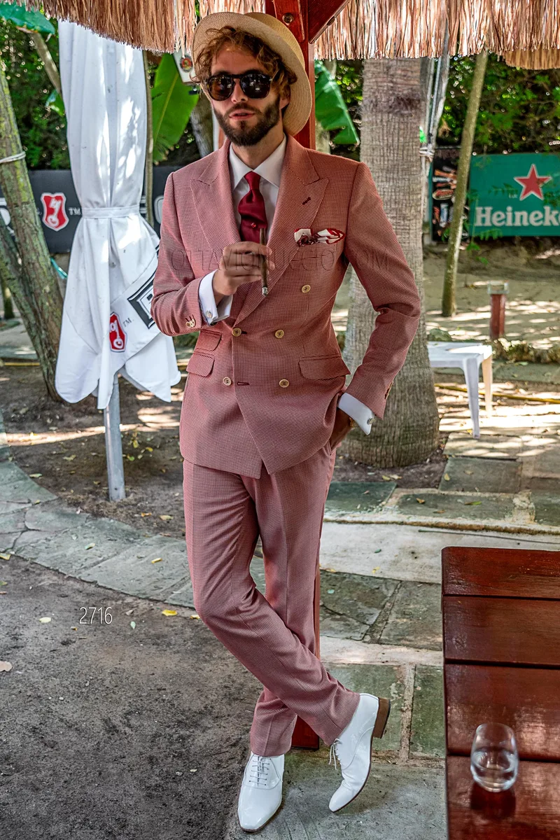 Abito uomo doppiopetto vintage chic in pied-de-poule rosso – fi