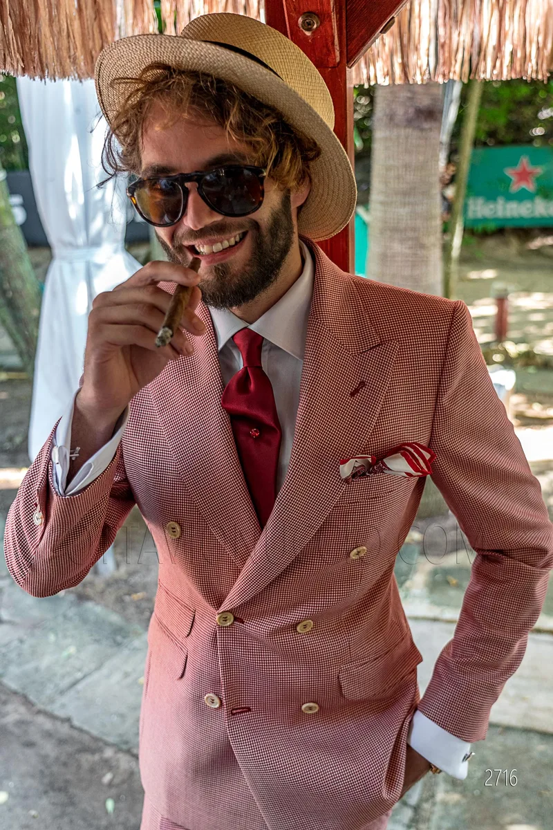 Abito uomo doppiopetto vintage chic in pied-de-poule rosso – pa