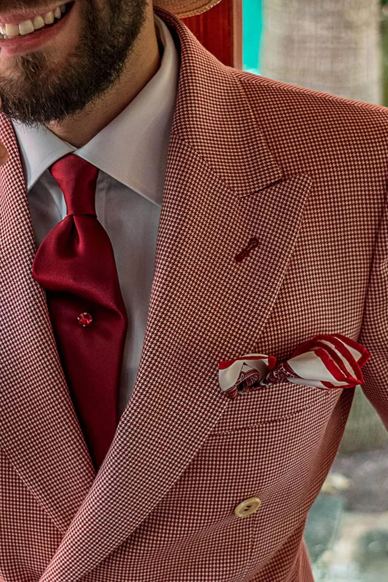 Abito uomo doppiopetto vintage chic in pied-de-poule rosso 4