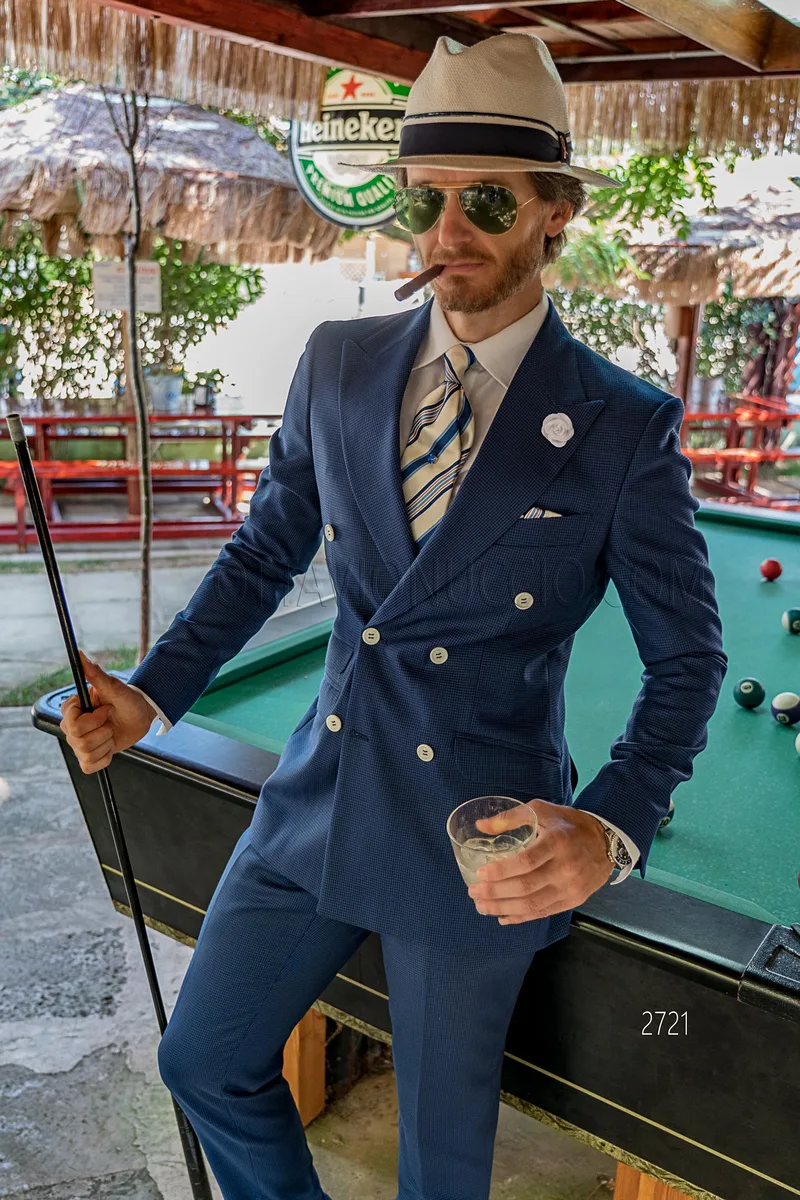 Abito doppiopetto cerimonia uomo vintage in pied-de-poule blu 1