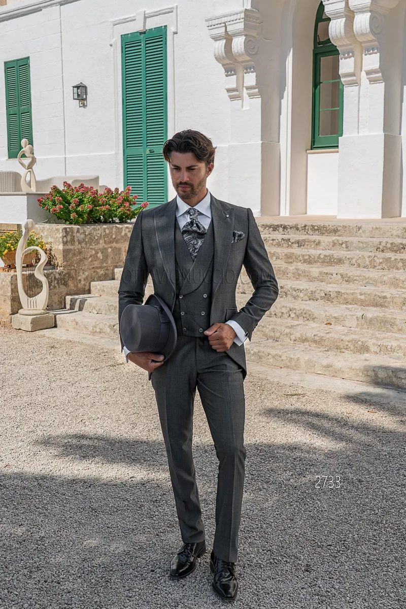 Abito da cerimonia uomo moda grigio con Gilet doppiopetto – fi
