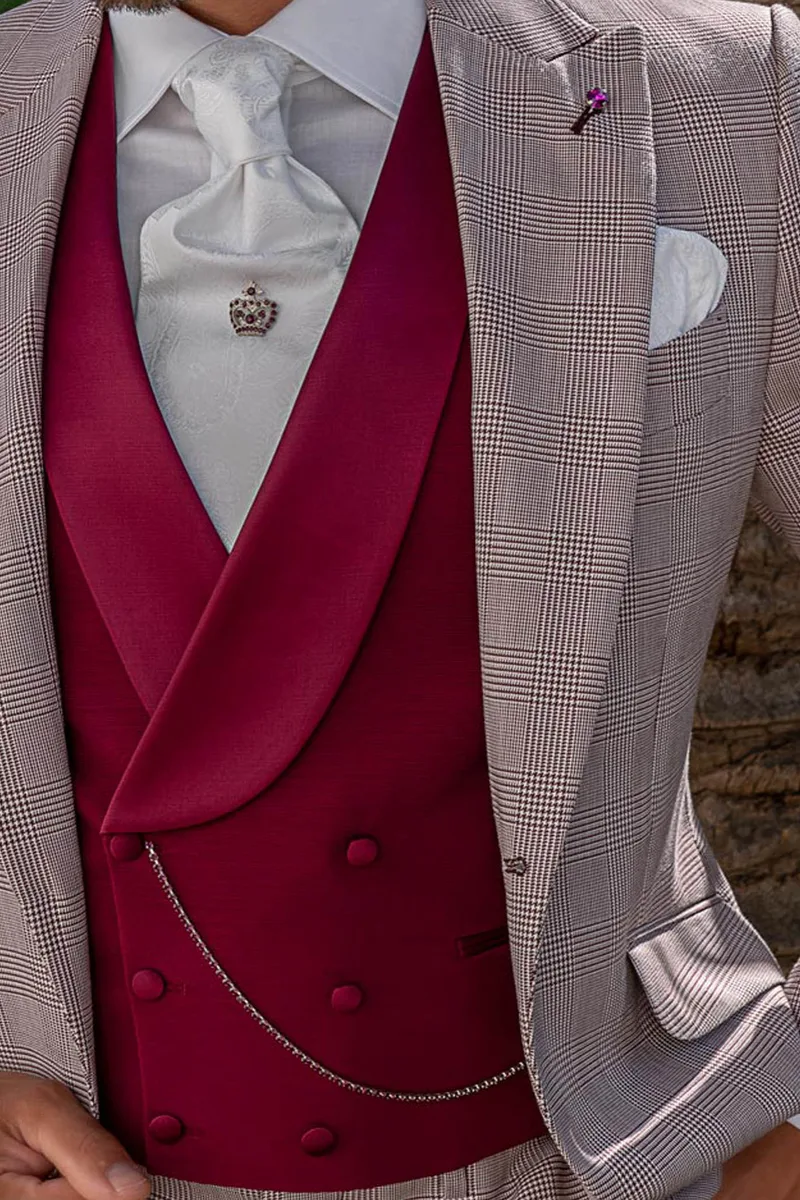 Abito cerimonia moderno in principe di galles bordeaux con gilet doppiopetto 2