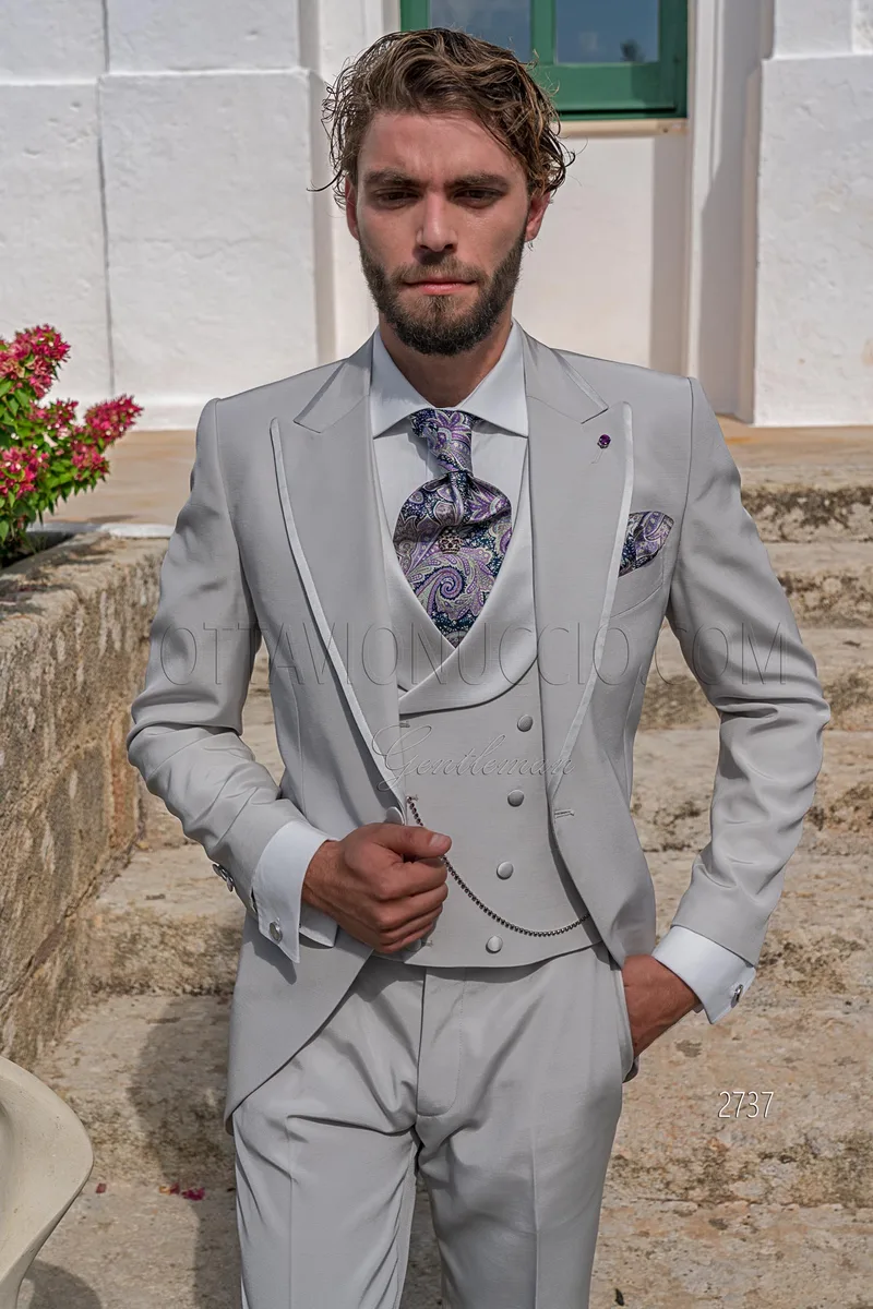 Perlgraue italienischer 3 teilig Gehrock Hochzeitsanzug für Herren 1