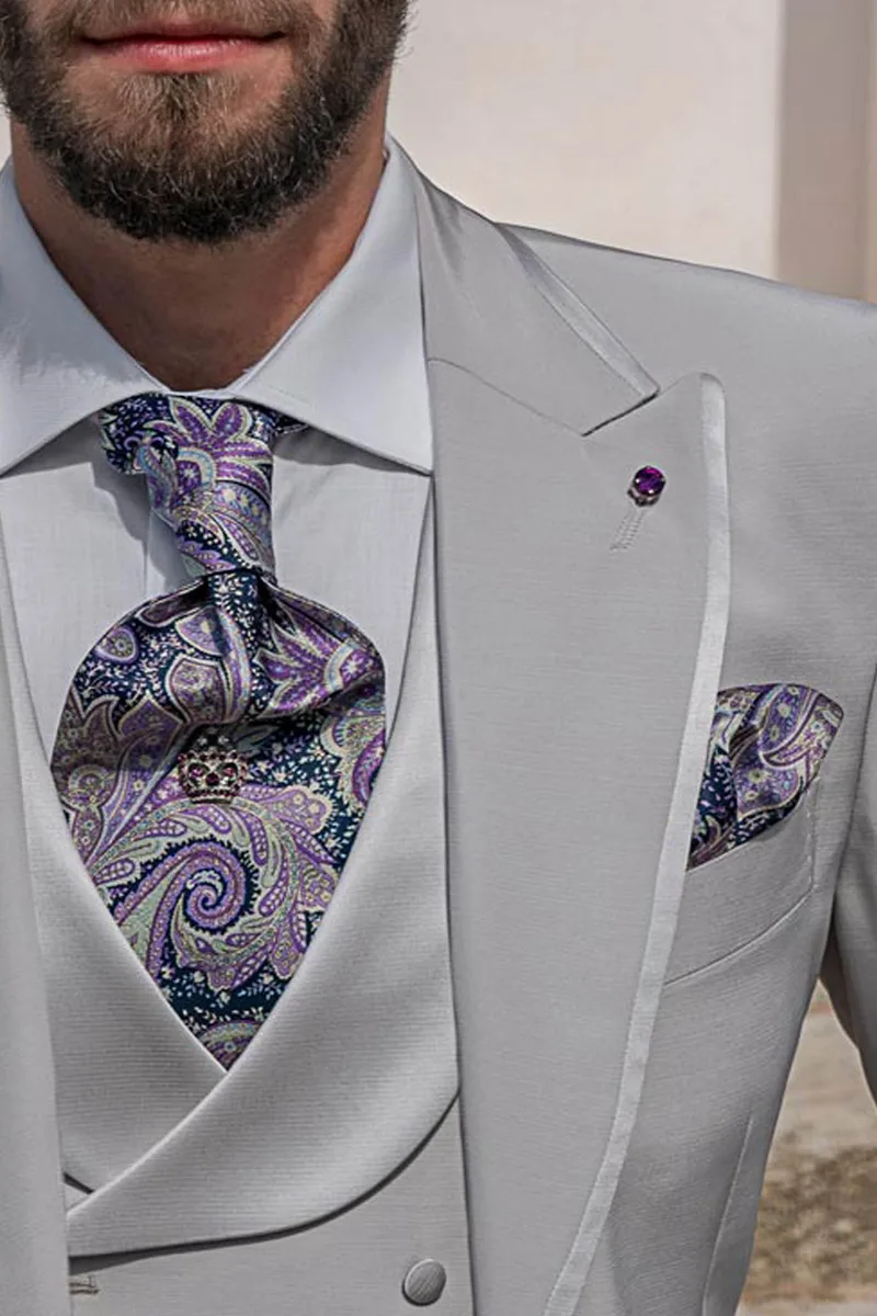 Perlgraue italienischer 3 teilig Gehrock Hochzeitsanzug für Herren 3