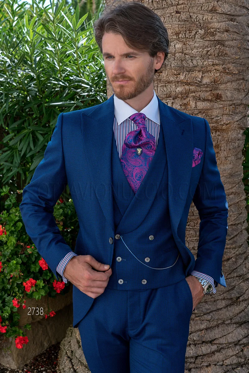 Abito da cerimonia uomo vintage in pied-de-poule blu e gilet doppiopetto 1