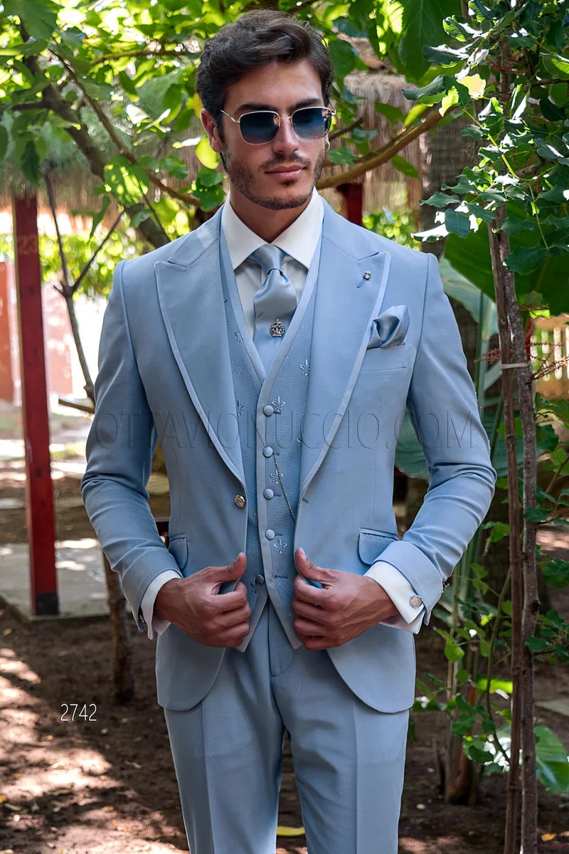 Himmelblaue steigendes Revers Hochzeitsanzug für Bräutigam 1