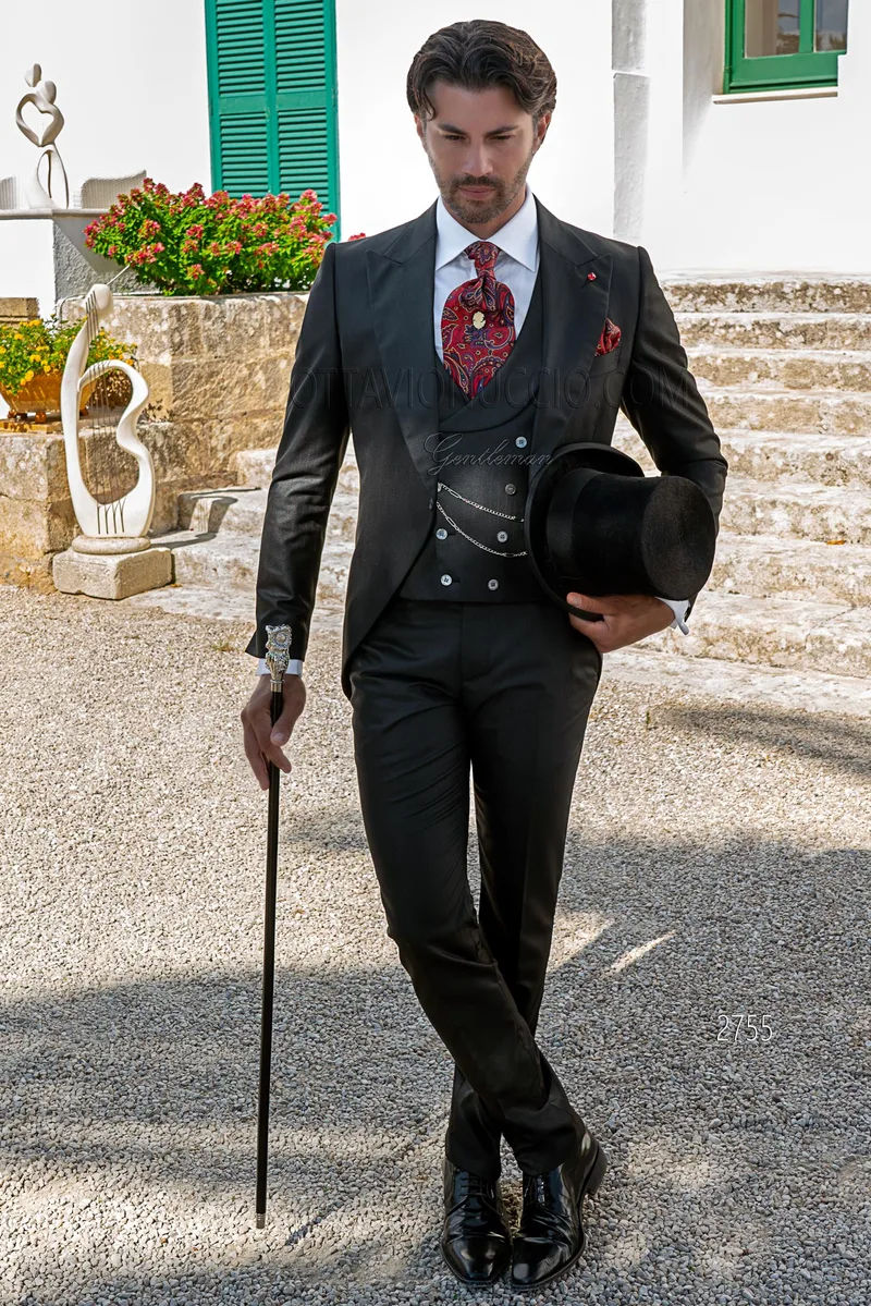 Tight moderno nero da uomo gessato rosso, gilet doppiopetto sciallato – fi