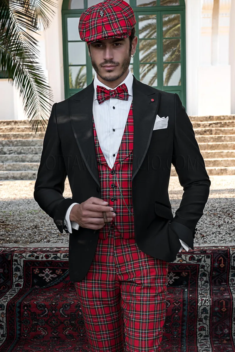 Blazer in stile inglese giacca nera pantalone e gilet in Tartan rosso – pa