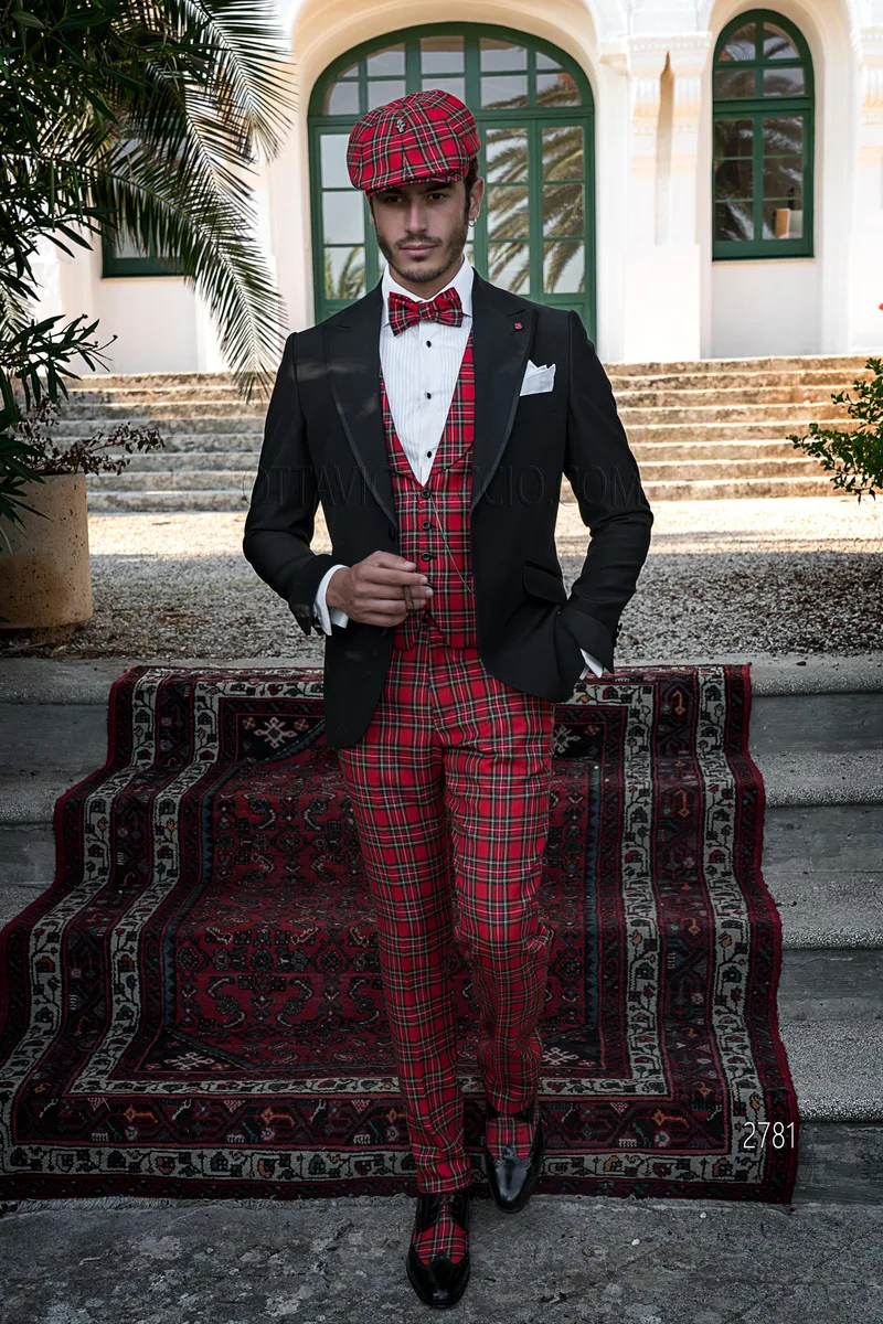 Blazer in stile inglese giacca nera pantalone e gilet in Tartan rosso – fi