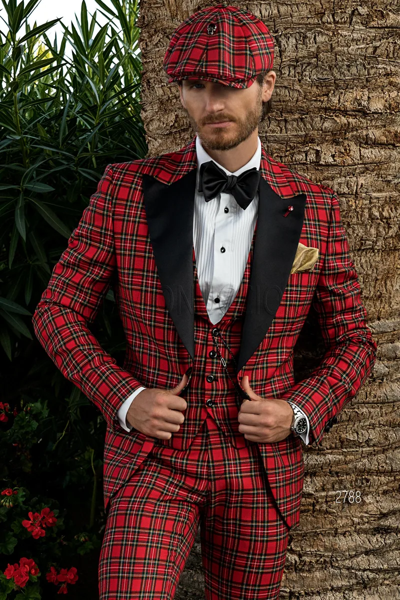 Smoking uomo completo in lana tartan Royal Stewart rosso – pa