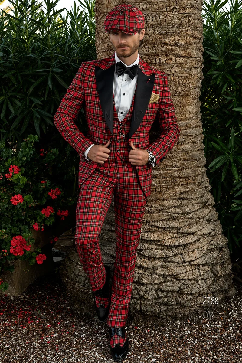 Smoking uomo completo in lana tartan Royal Stewart rosso – fi