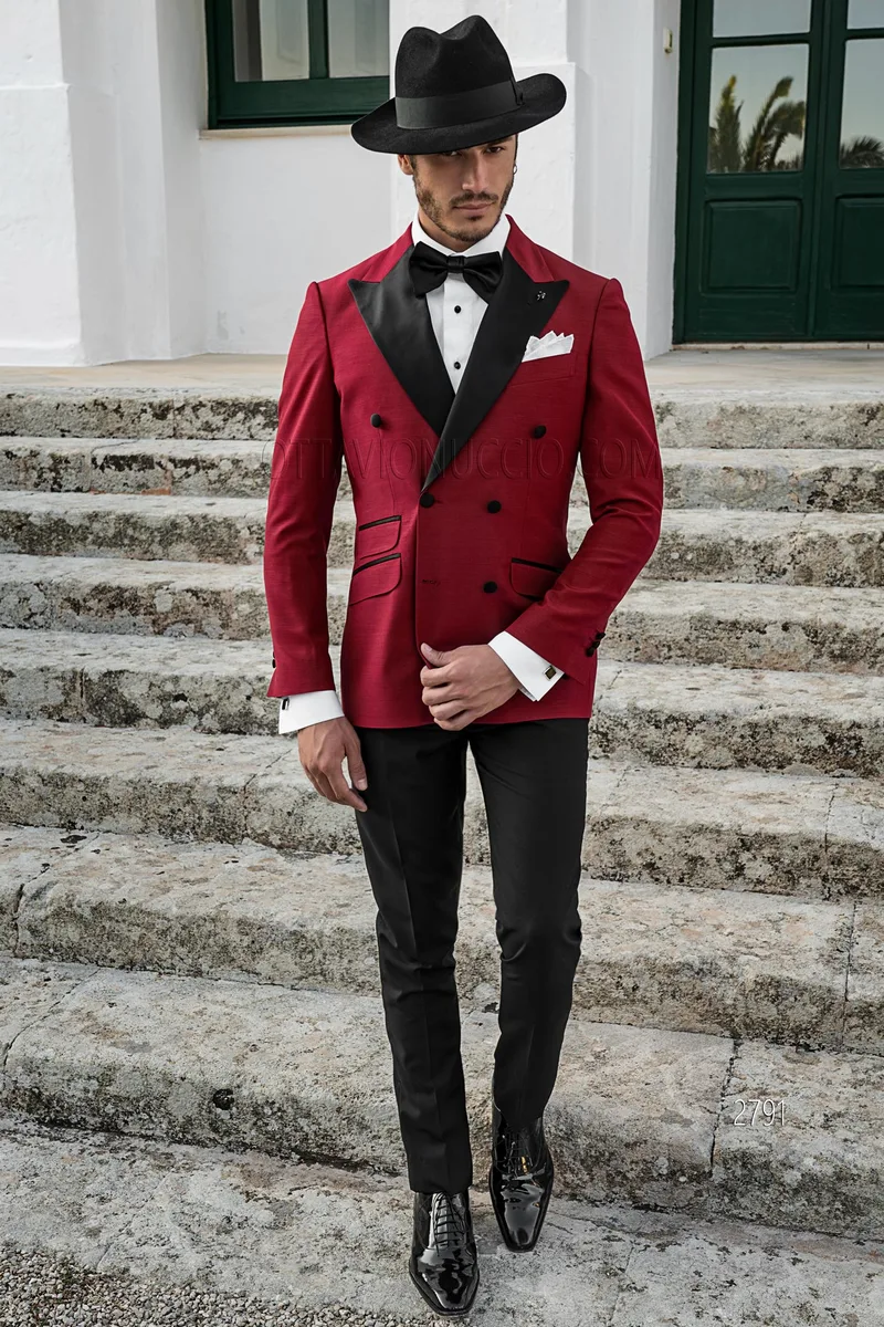 Abito cerimonia uomo con giacca doppiopetto rossa e pantalone nero – fi