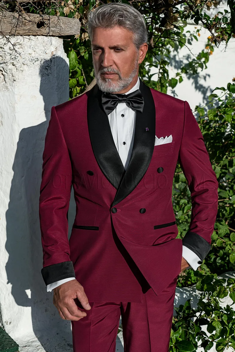 Abito moda doppiopetto sciallato fucsia con inserti neri 1