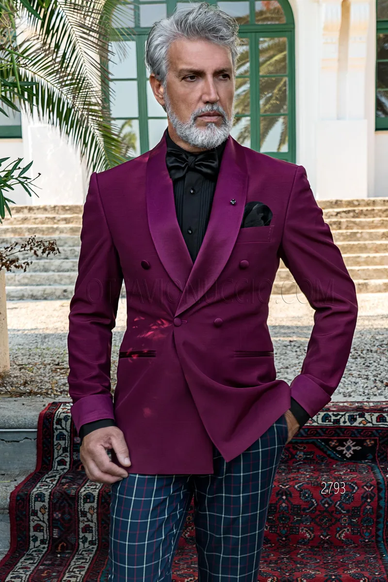 Smoking cerimonia doppiopetto fucsia con pantalone scozzese – pa