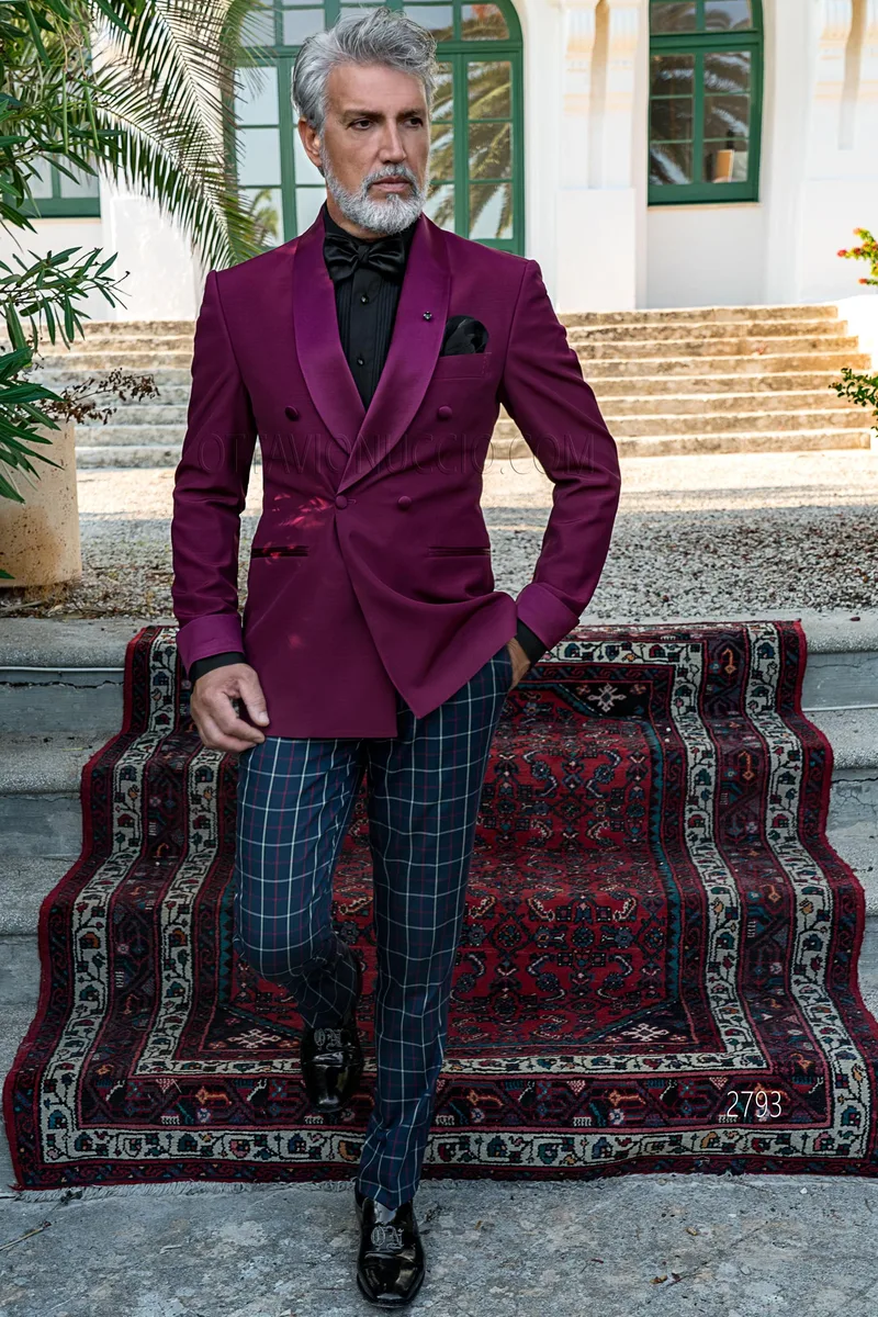 Smoking cerimonia doppiopetto fucsia con pantalone scozzese – fi