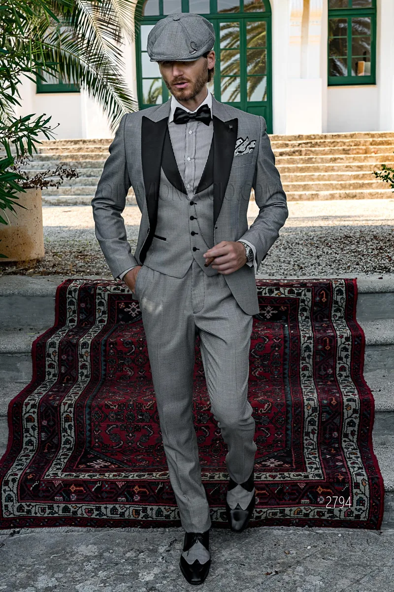Smoking moderno stile vintage-chic in pied-de-poule nero e bianco – fi