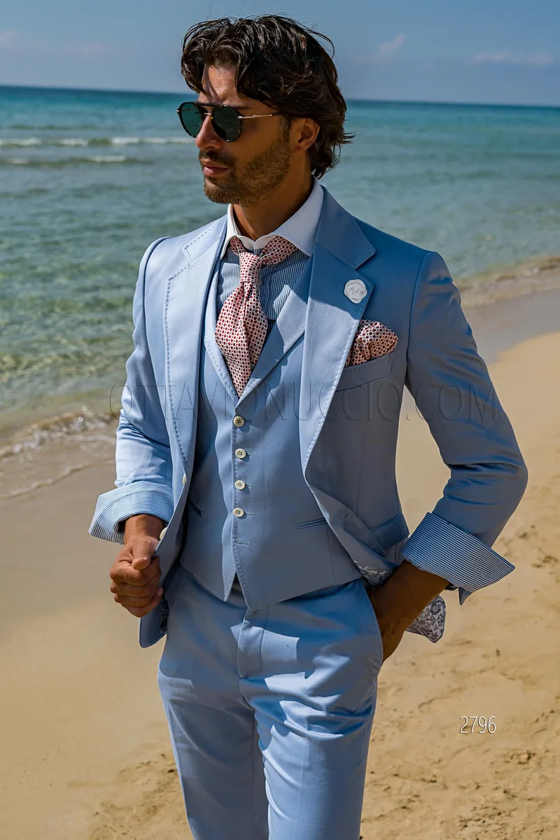 Abito 3 pezzi per matrimoni estivi, elegante in raso di cotone celeste 1