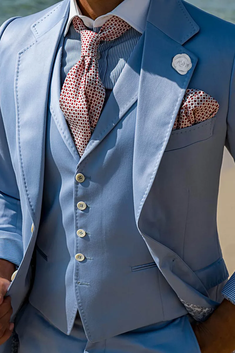 Abito 3 pezzi per matrimoni estivi, elegante in raso di cotone celeste 2