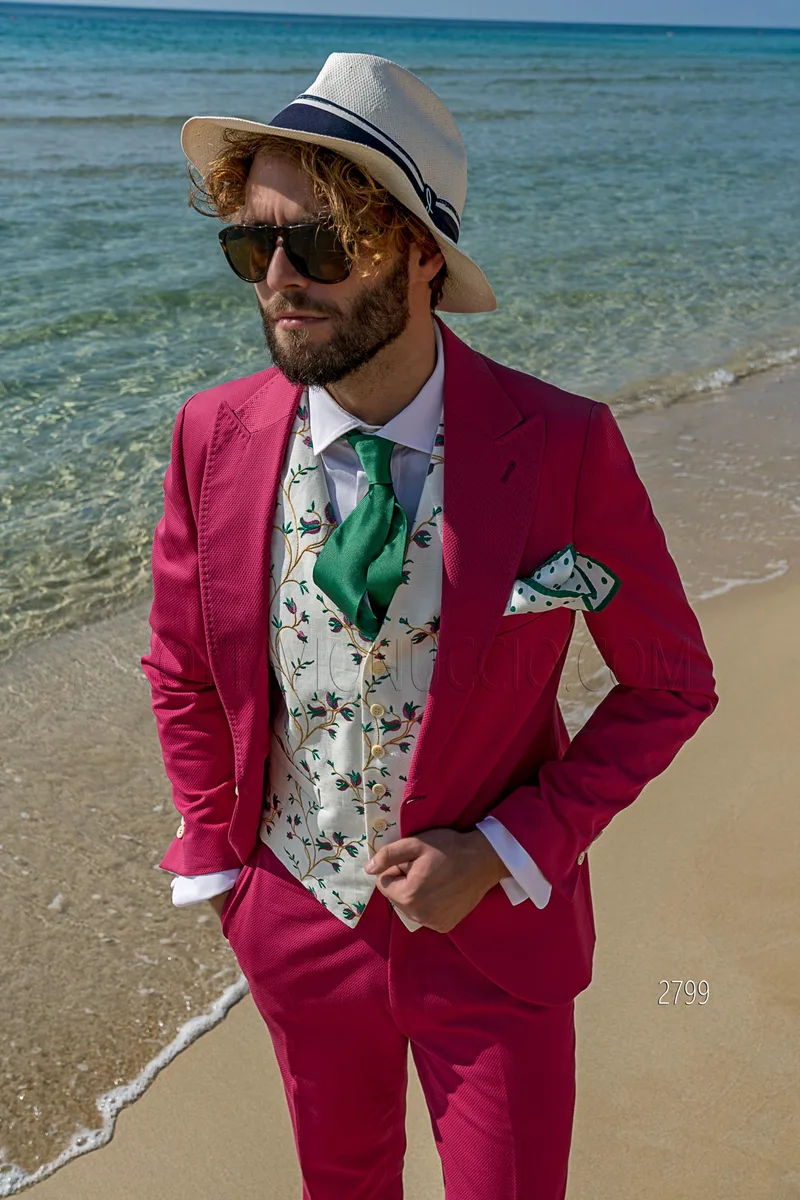 Abito uomo da cerimonia vintage in cotone piquet fucsia impunturato 1