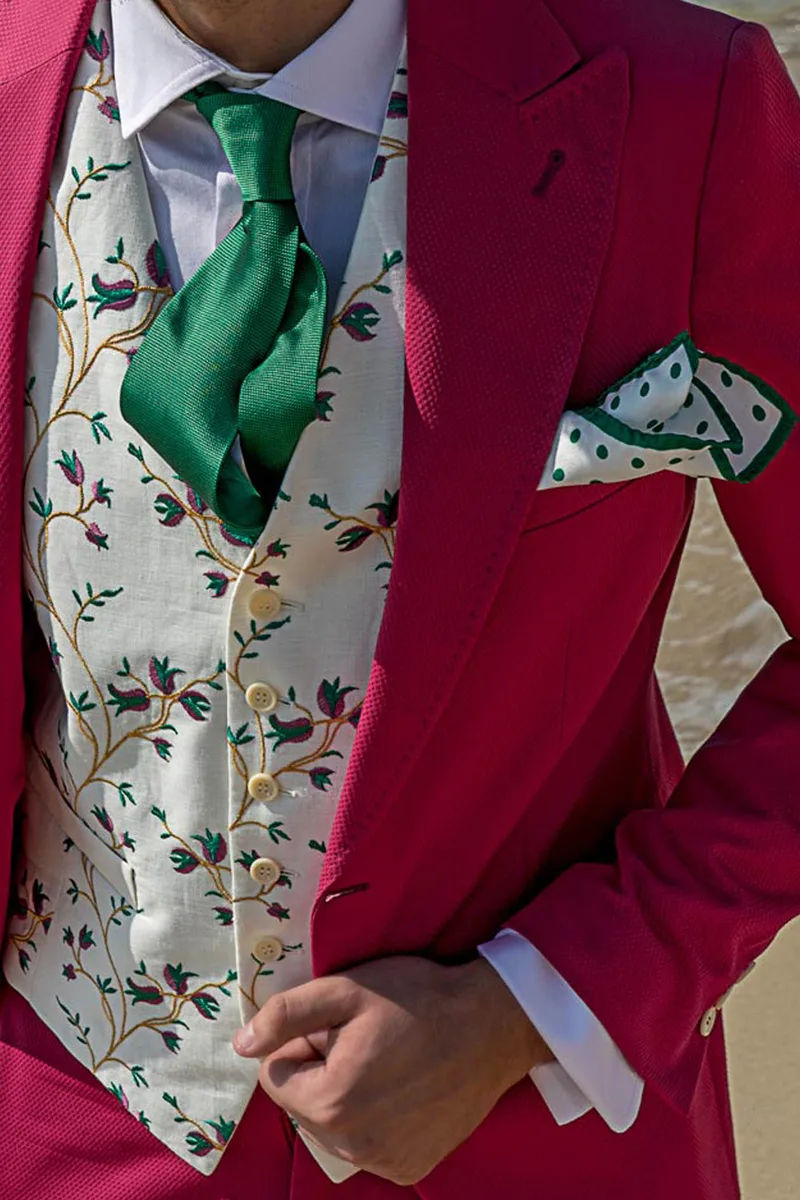 Abito uomo da cerimonia vintage in cotone piquet fucsia impunturato 2