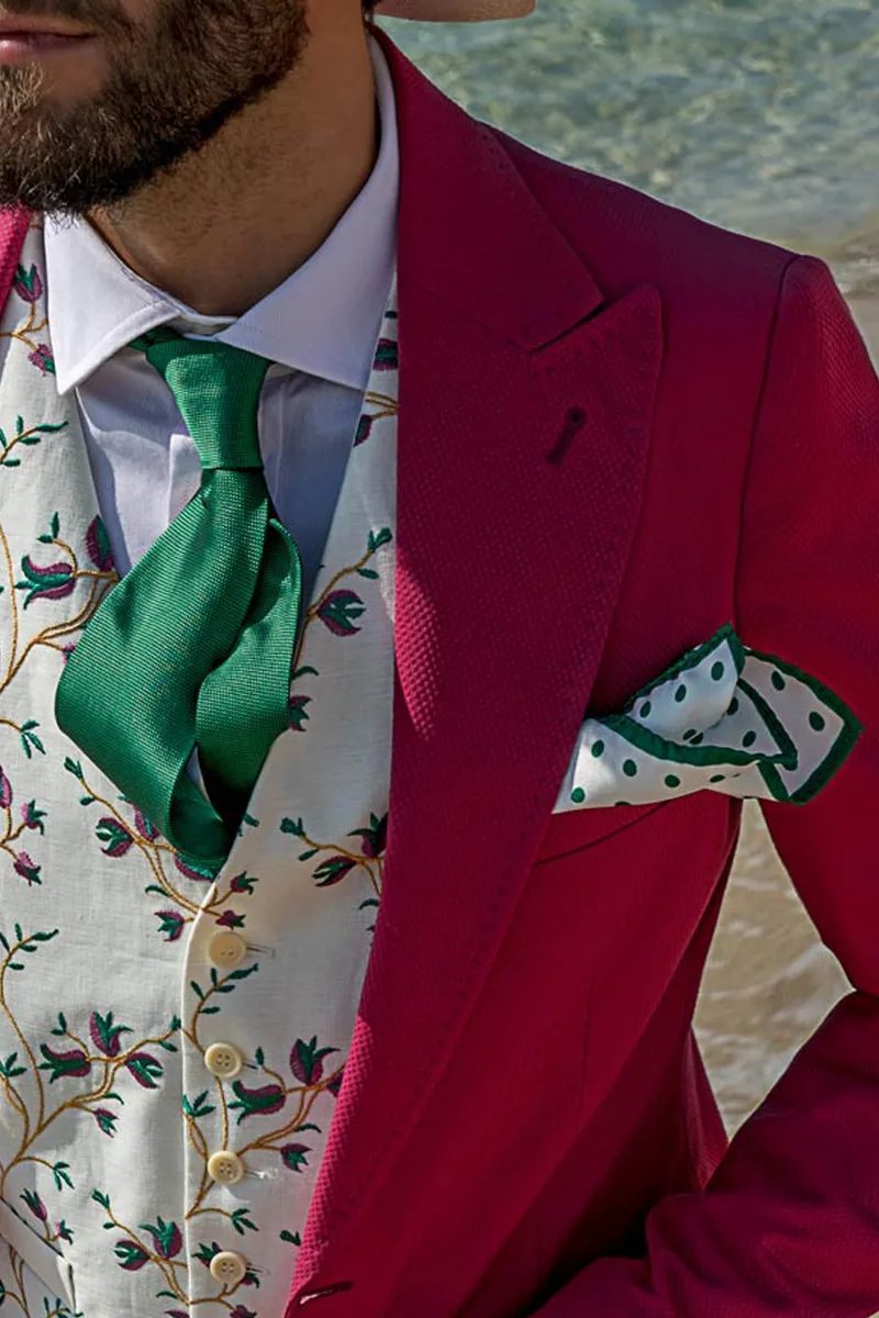 Abito uomo da cerimonia vintage in cotone piquet fucsia impunturato 3