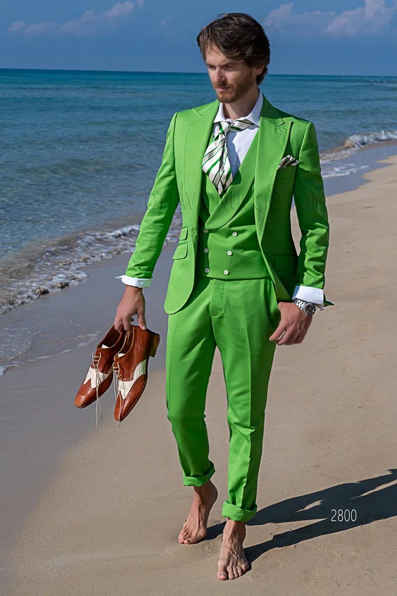 Abito cerimonia uomo in cotone piquet verde impunturato per matrimoni hipster 1