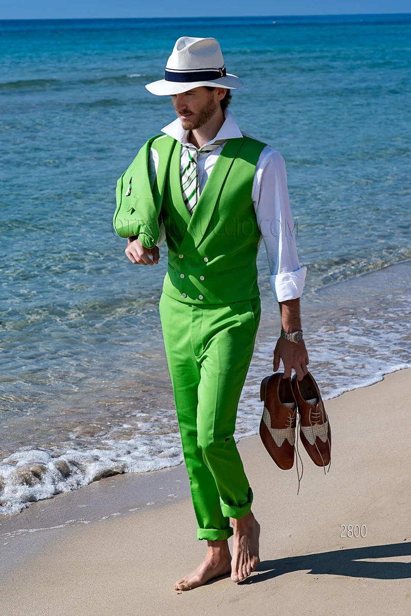 Abito cerimonia uomo in cotone piquet verde impunturato per matrimoni hipster 3