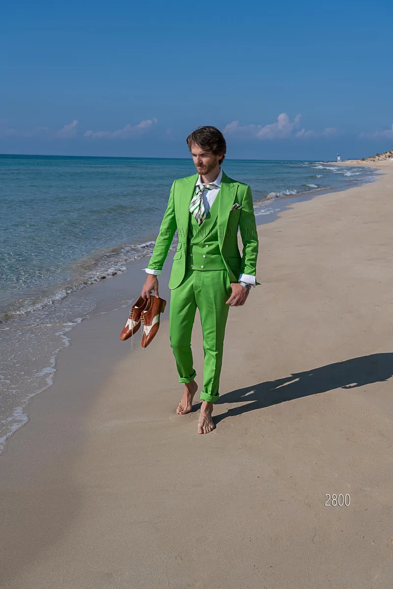 Abito cerimonia uomo in cotone piquet verde impunturato per matrimoni hipster 5