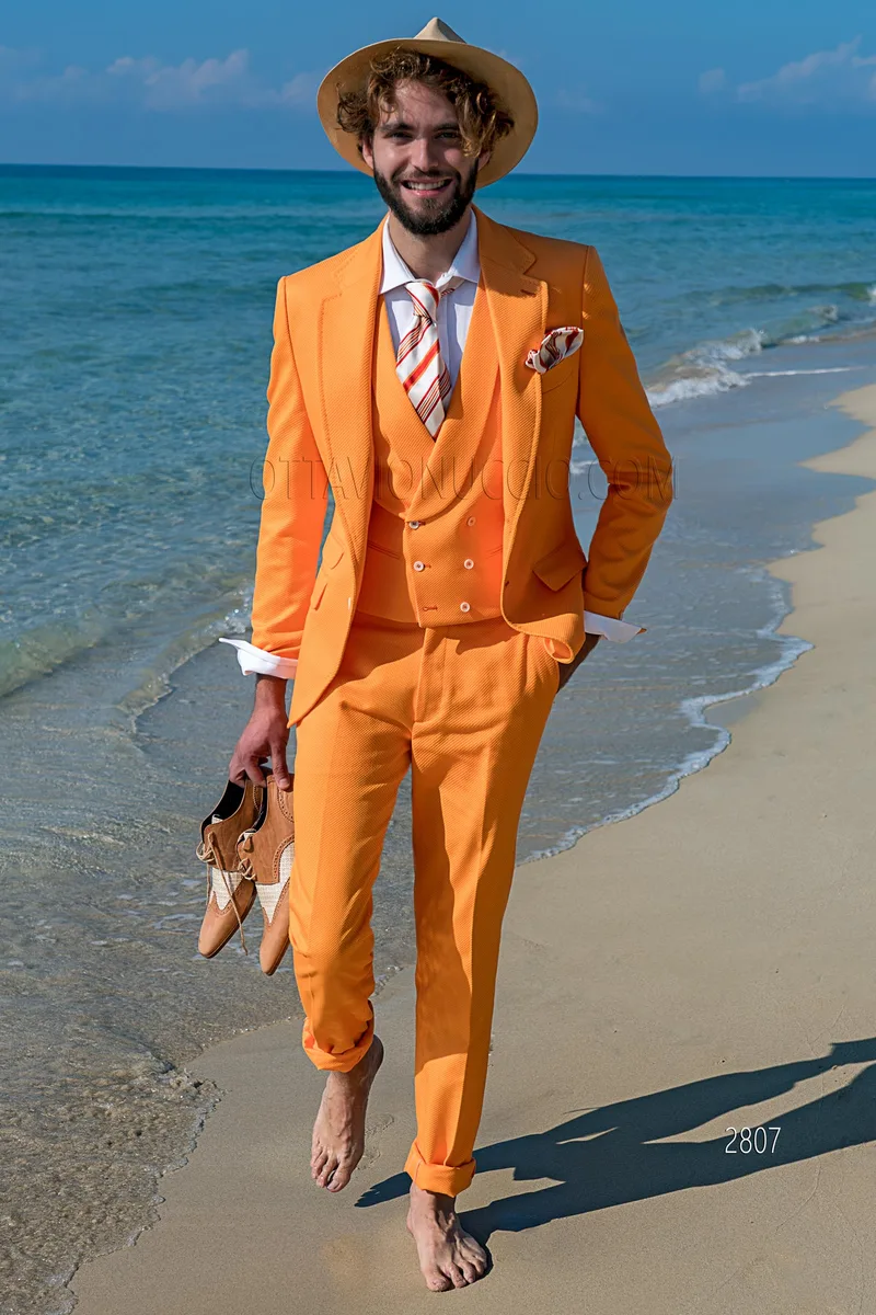 Completo cerimonia in piquet arancio per un matrimonio in spiaggia vintage chic 1