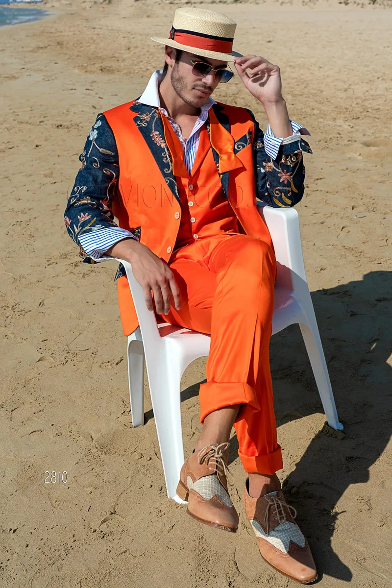 Abito particolare elegante in raso cotone arancio e contrasto di jeans ricamato 1