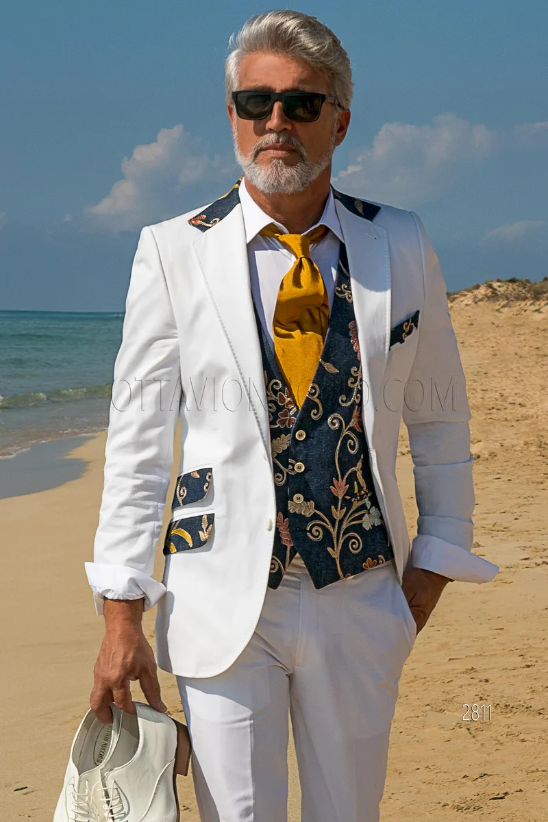 Abito moda elegante in cotone bianco con abbinamento di jeans ricamato 1