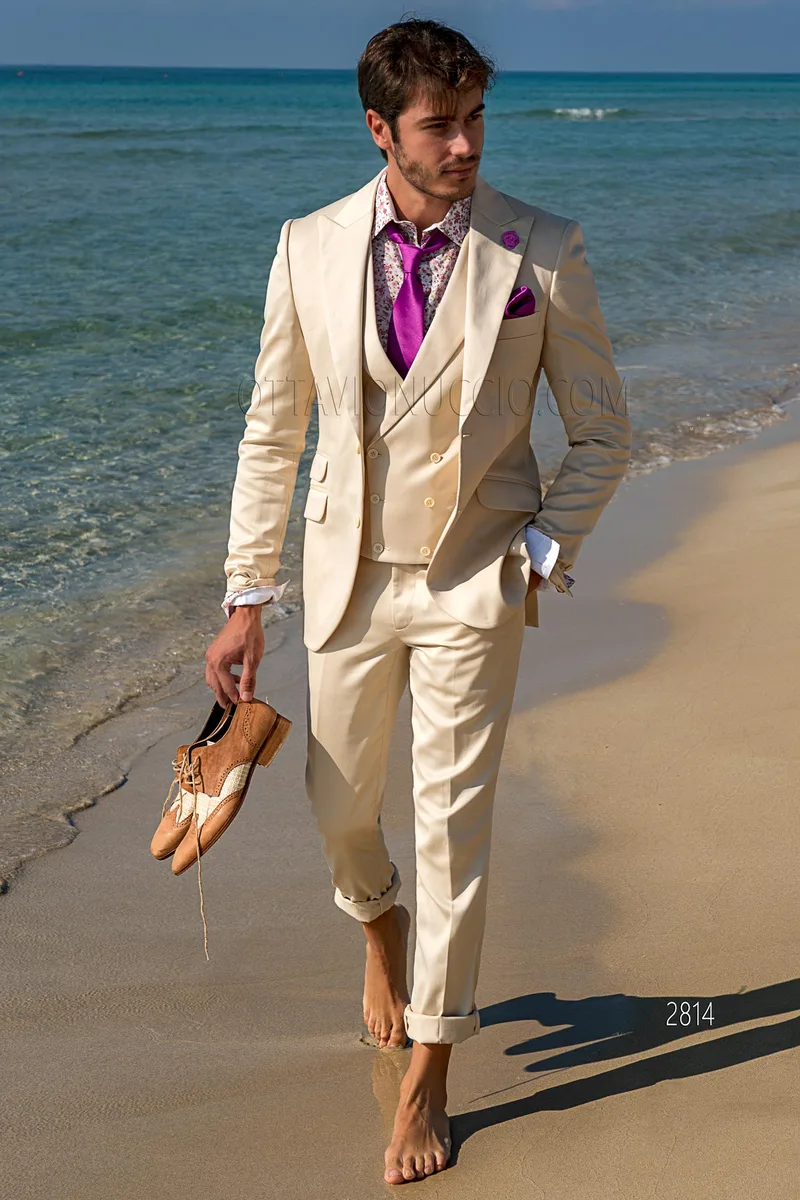 Completo da cerimonia in cotone raso beige | Abito da matrimonio estivo 1