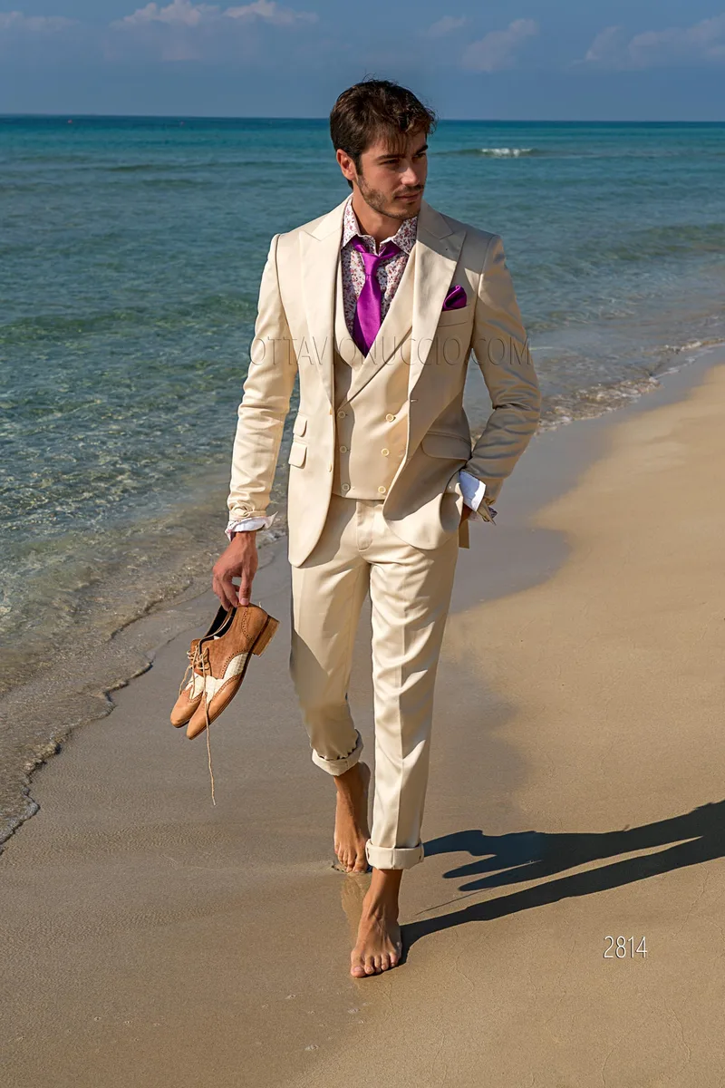 Completo da cerimonia in cotone raso beige | Abito da matrimonio estivo 4