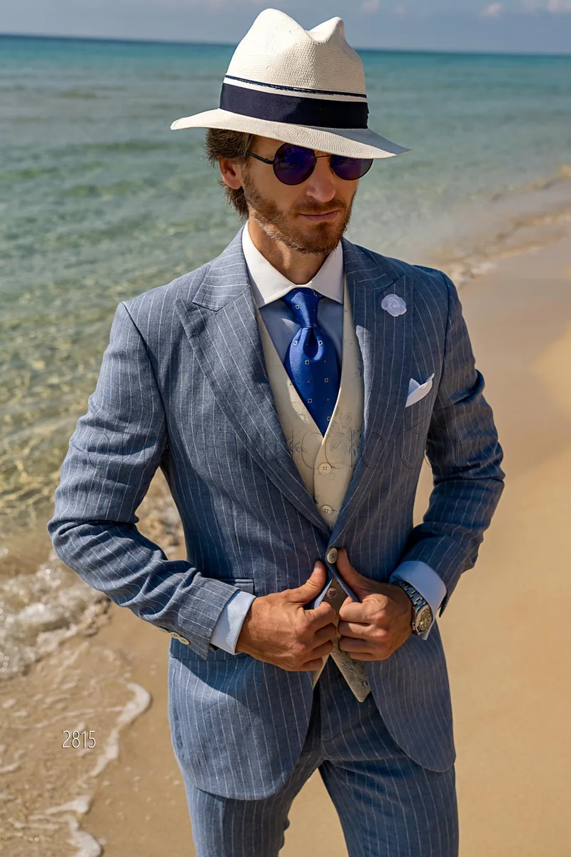 Abito elegante in lino azzurro gessato con riga diplomatica 1
