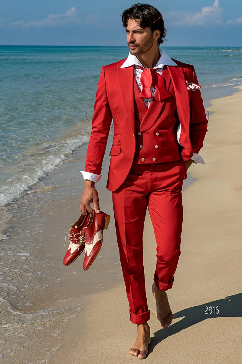 Abito da cerimonia uomo in raso di cotone rosso | Abito per matrimonio hipster-style 1