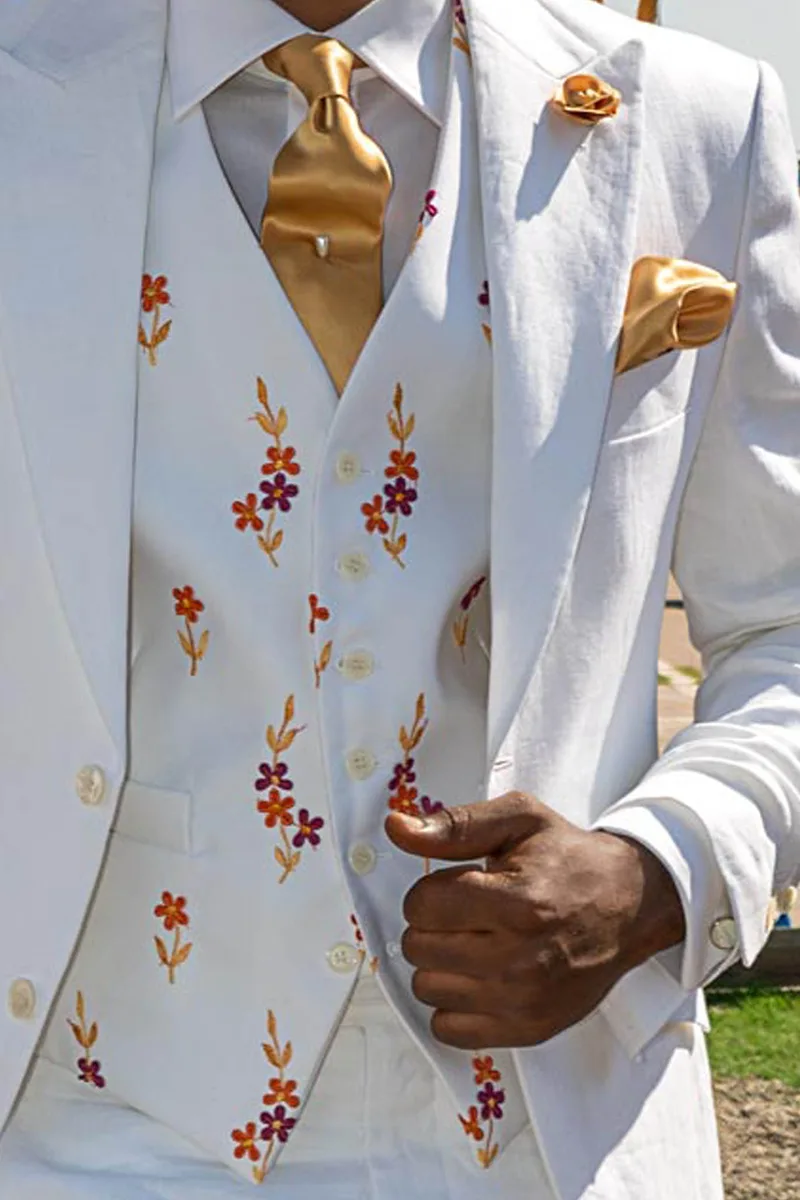 Abito da cerimonia in puro lino bianco stile hipster con gilet ricamato 2
